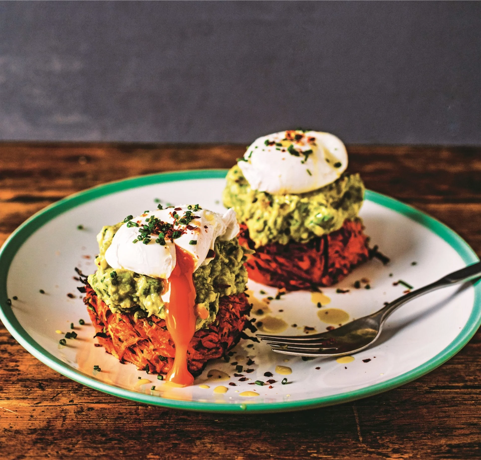 Sweet potato rostis with poached eggs & guacamole