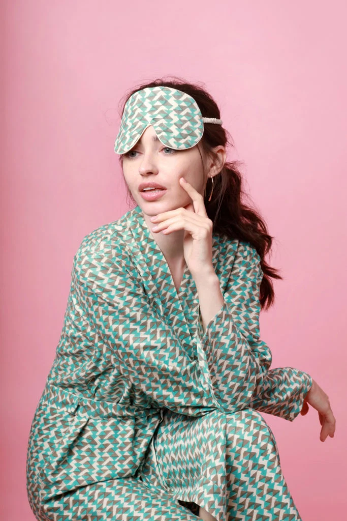 Teal handprinted mulberry silk robe €195 and eye mask €30, both at The Ethical Silk Co.