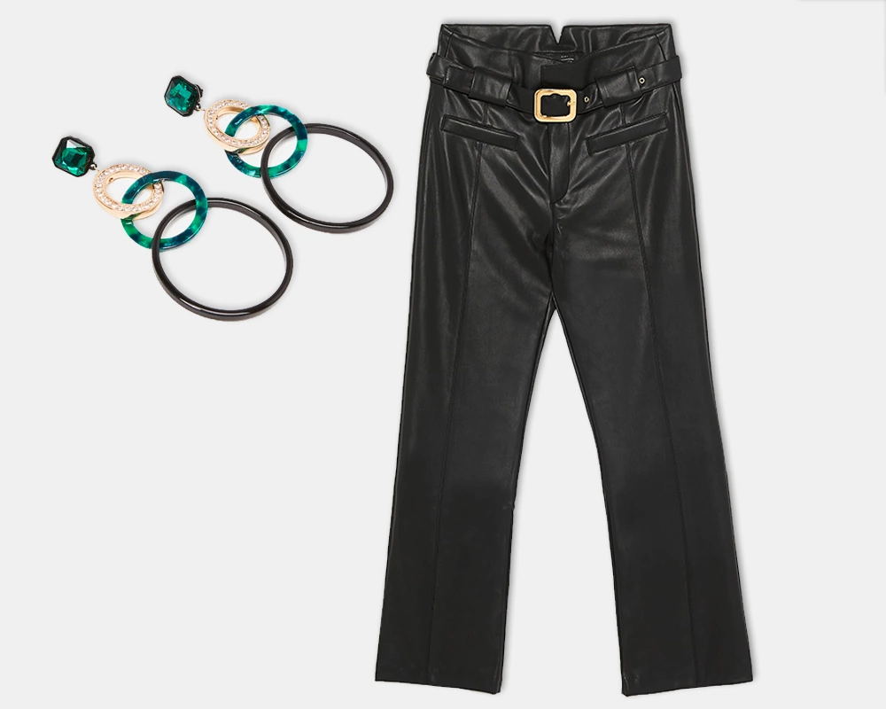Bejewelled hoop earrings, €49 at uterque.com, faux leather trousers, €39.95 at zara.com