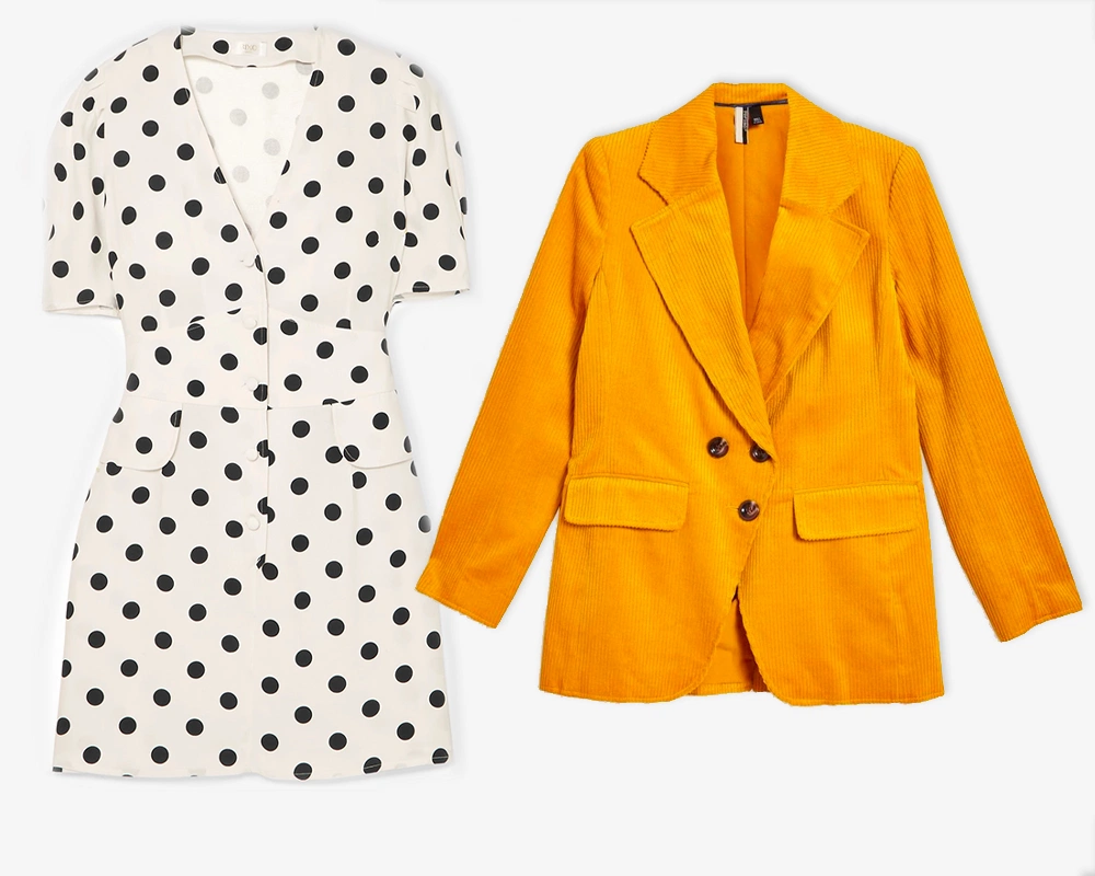 Laura polka-dot crepe mini dress by Rixo London, €271 at net-a-porter.com, corduroy double breasted blazer, €89 at topshop.com