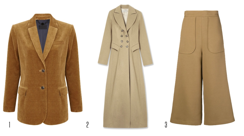 Corduroy blazer, Autograph, €140 at Marks & Spencer, rosetta coat, €450 at Hobbs, flared tailored trousers, See by Chloé, €280 at farfetch.com