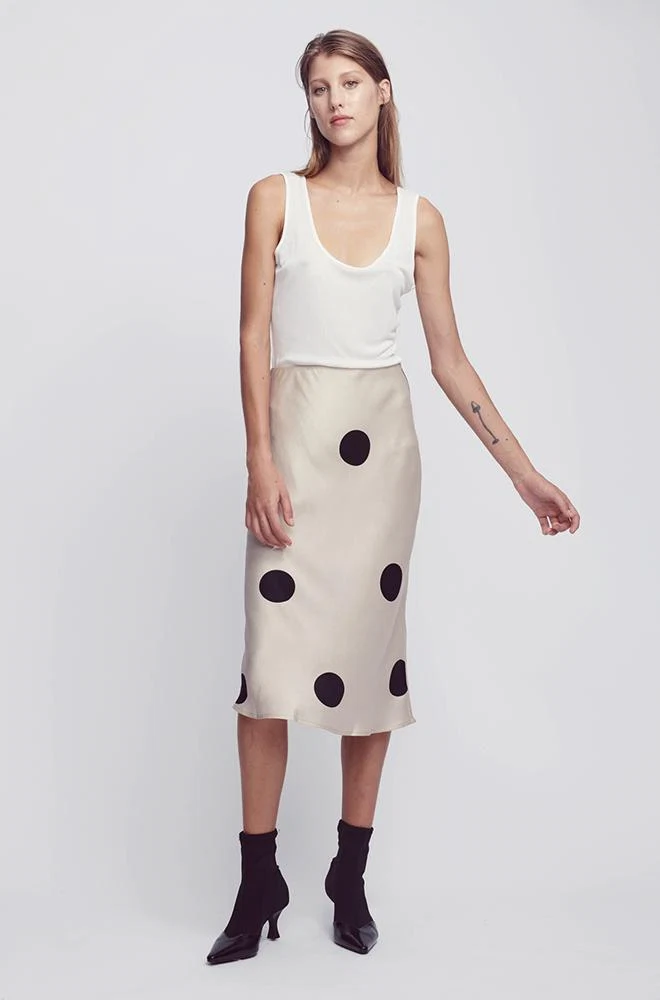 Bias cut slip skirt in big polka blush, €171.42 at silklaundry.com.au