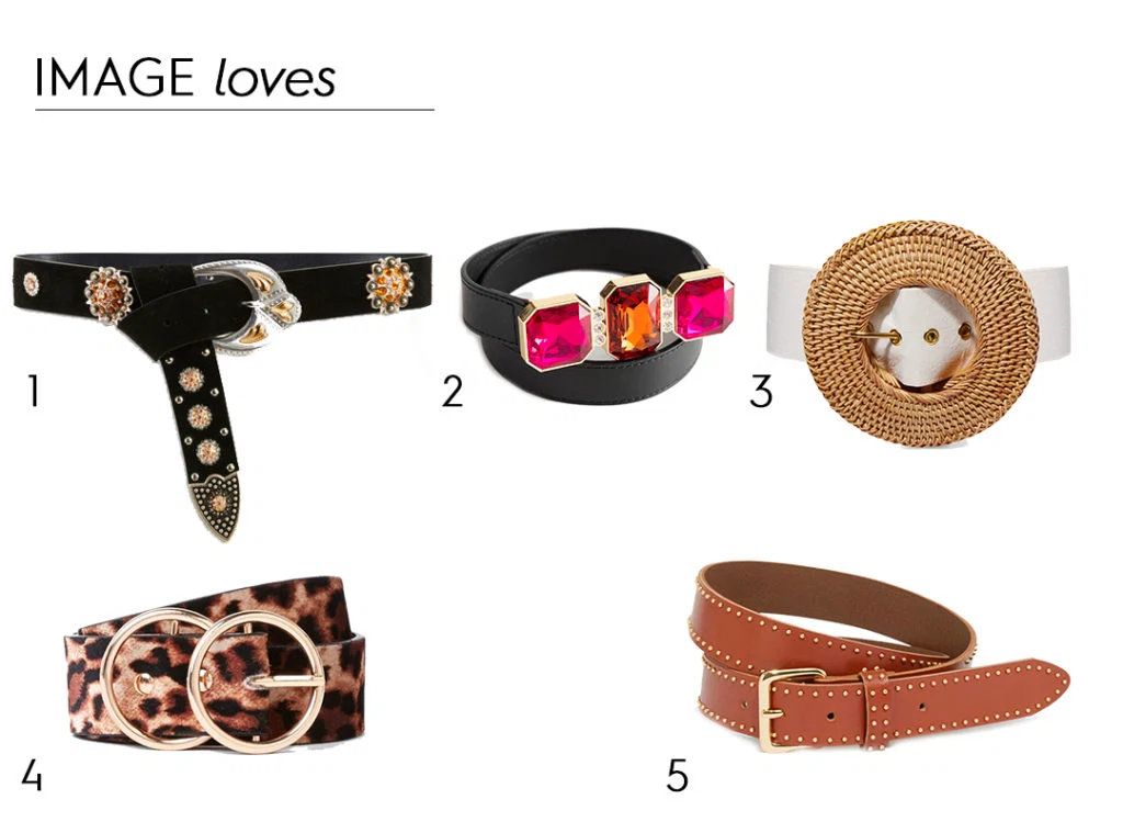 Suede belt with studs and rhinestones, €115 at Maje, rhinestone waist belt, €39 at & Other Stories, rattan and faux leather belt, Cult Gaia, €155 at net-a-porter.com, leopard print double ring belt, €17 at River Island, studded leather belt, €29 at Warehouse