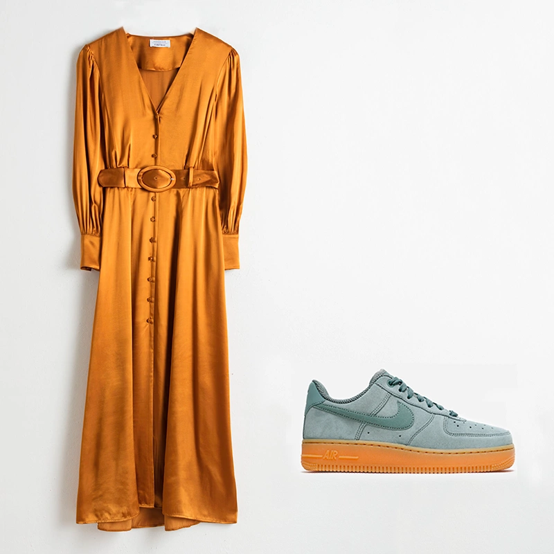  Belted satin maxi dress, €89 at stories.com, Nike sportswearAir Force 1 '07 SE, €105 at nakedcph.com