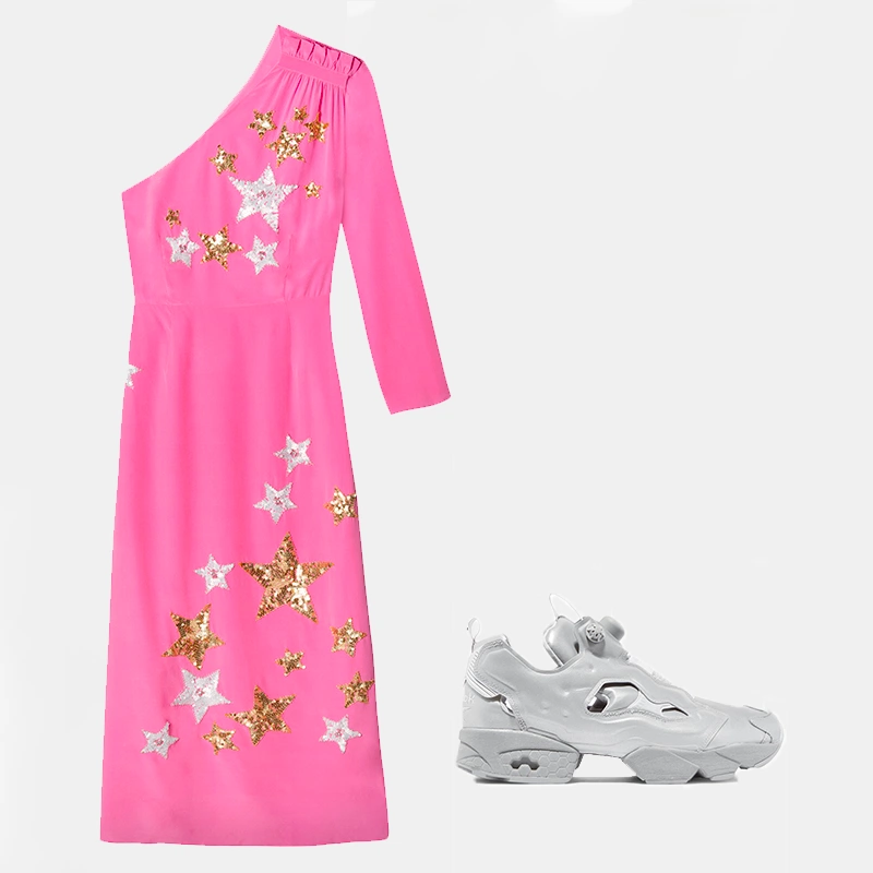 Julia pink star embroidery dress, €396.45 at rixo.co.uk, Reebok Instapump Fury reflective leather sneakers by Vetements, €823 at net-a-porter.com