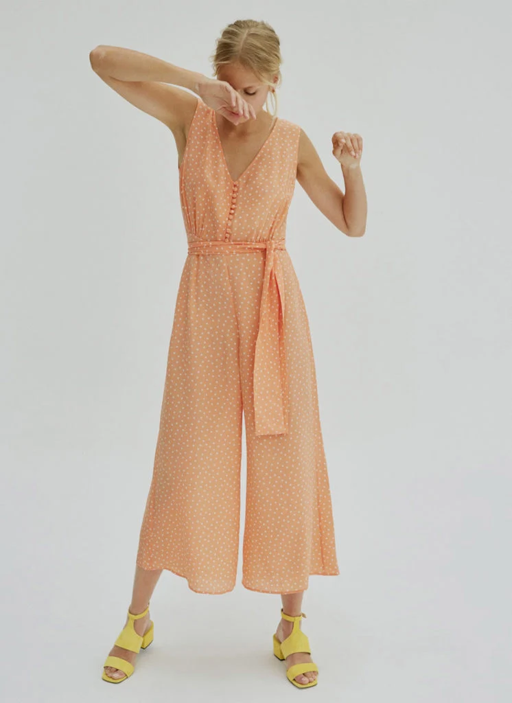 Orange polka dot jumpsuit, €199 at uterque.com