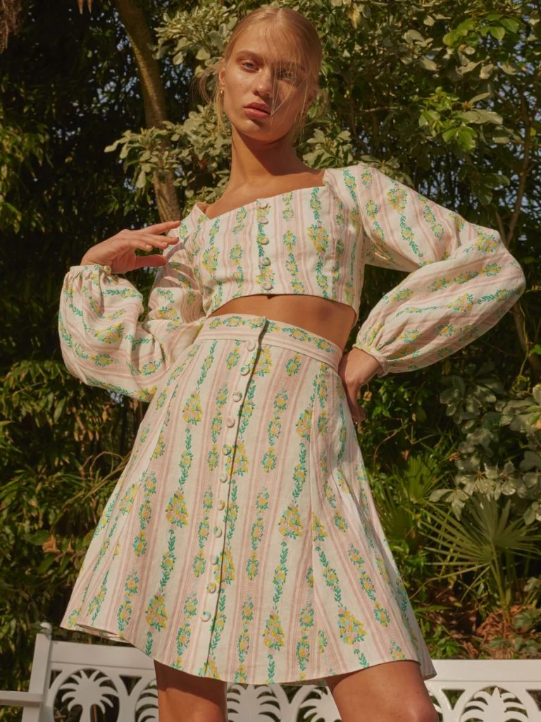 Ines floral-print linen crop top and skirt by Emilia Wickstead, €715 at matchesfashion.com