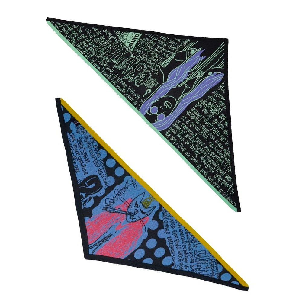 Red-eyed cats knitted bandana, €95 at electronicsheep.com, oversized stone age zine triangle scarf, €152 at electronicsheep.com