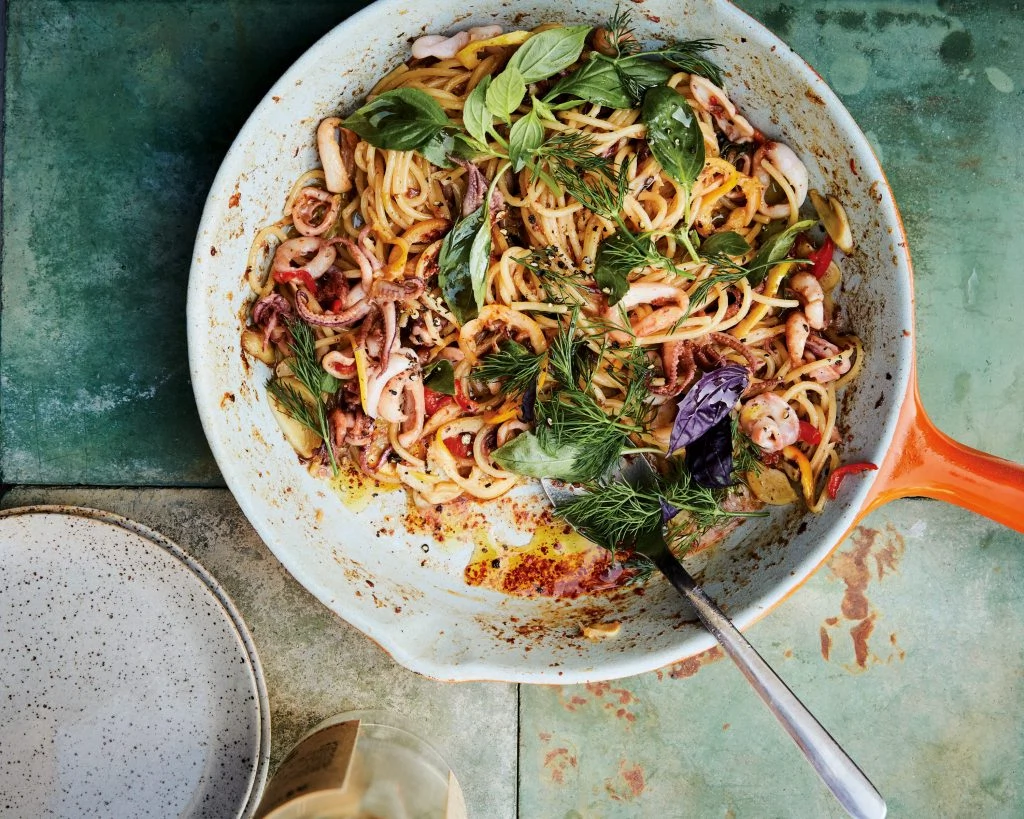 This crispy squid, lemon and chilli seafood pasta recipe is a guaranteed hit