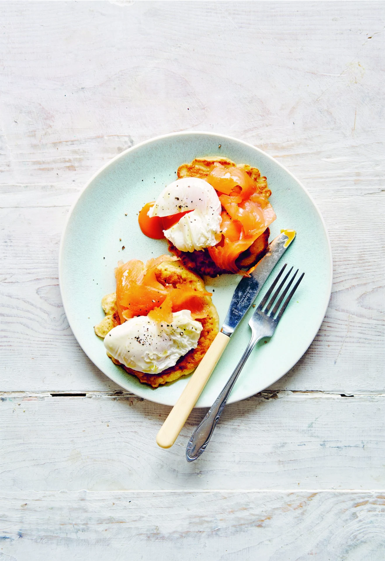 Simply delicious: corn fritters with lox and poached eggs
