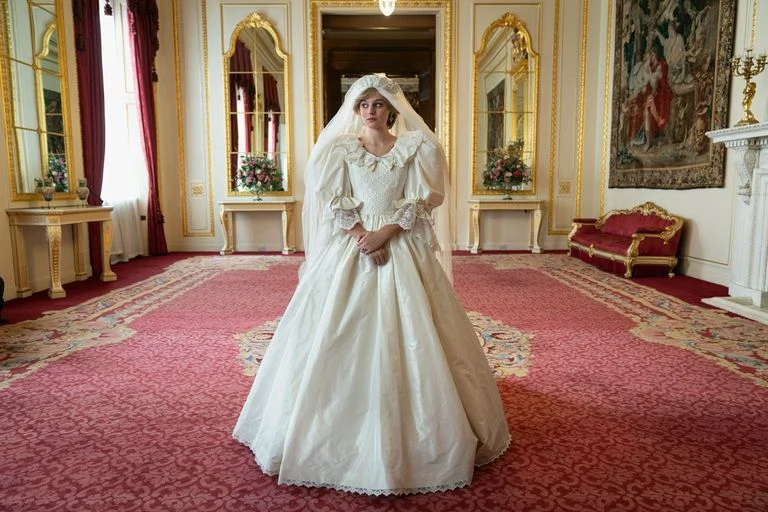 Princess Diana’s wedding dress from The Crown series 4, created by costume designer Amy Roberts