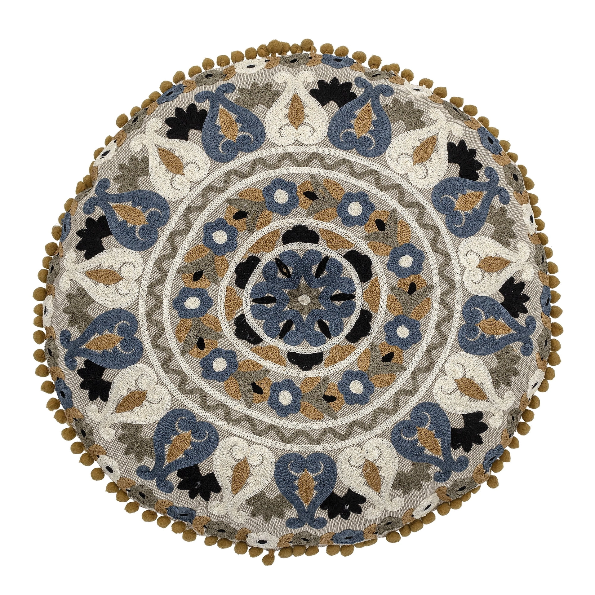 Round embroidered cushion, €48, Old Mill Stores