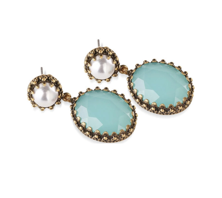 Earrings With Aqua And Pearl Stone Settings, €40, Arnotts