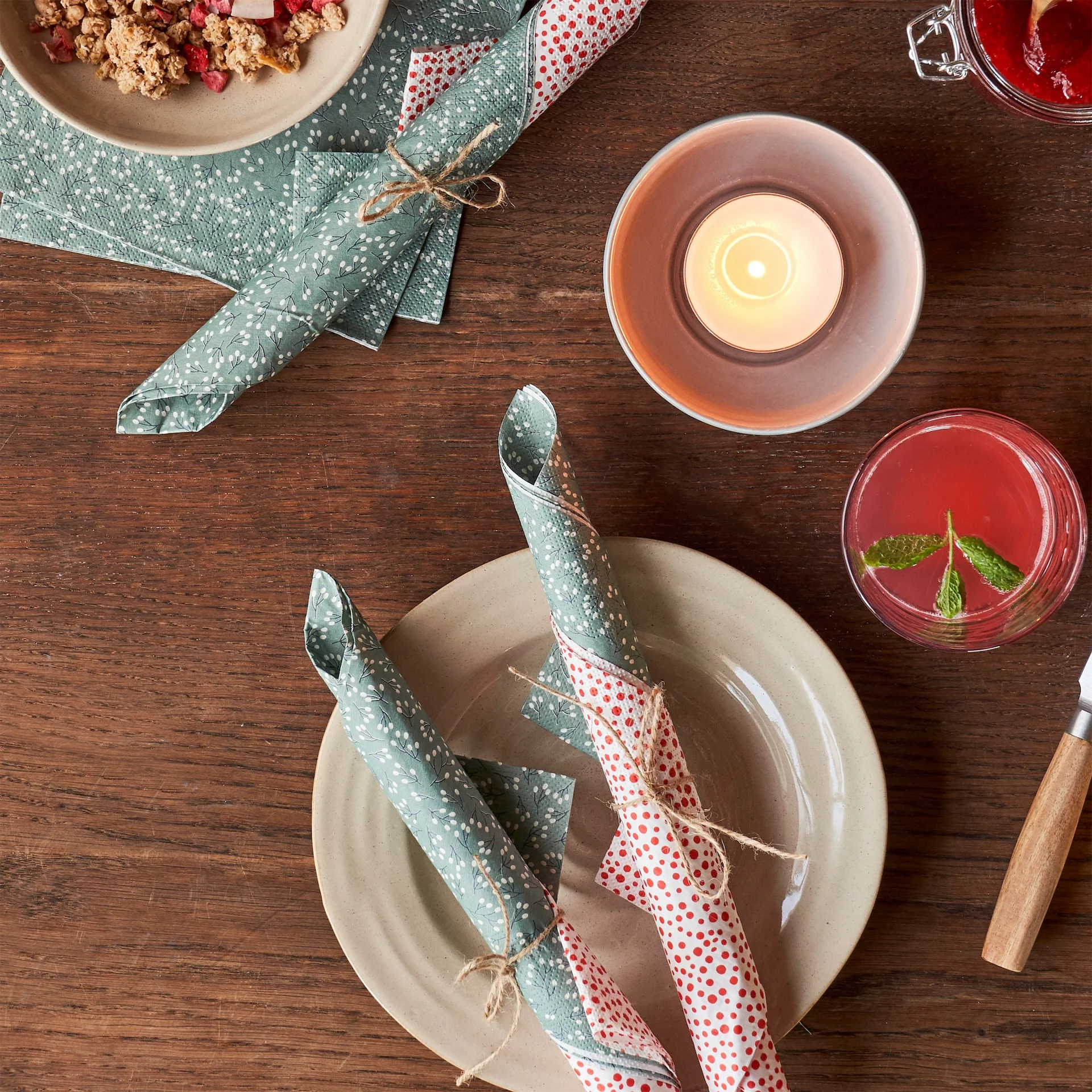 Napkins, €1.29, lunch plate, €5.42, candle holder, €3.20