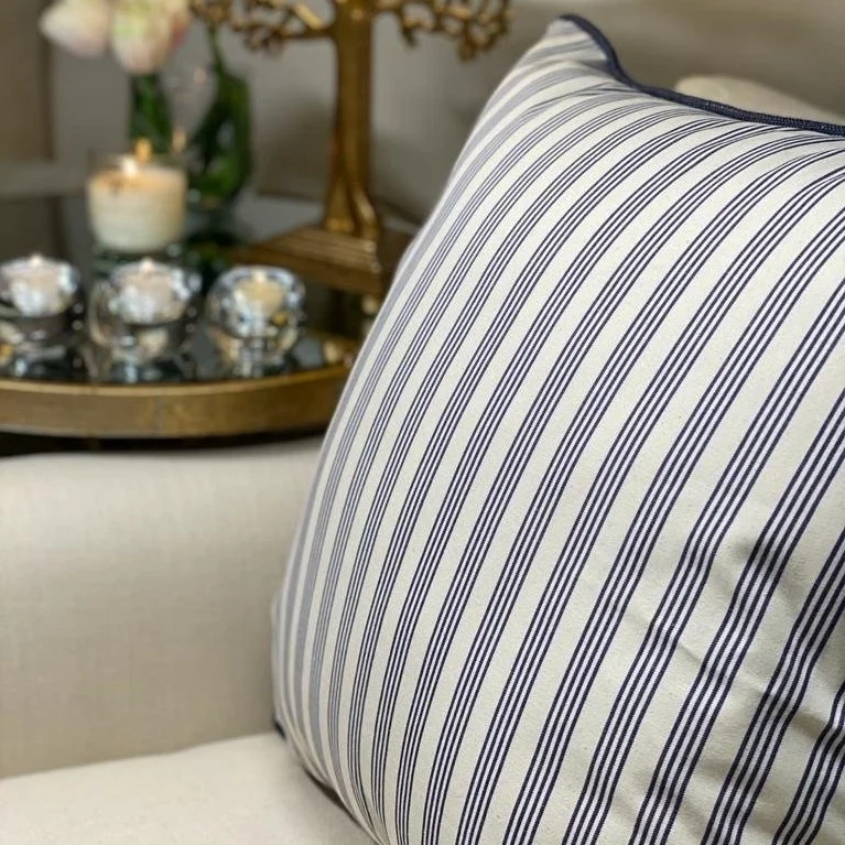 Ticking Stripe printed cushion, €95, Helen Turkington Home