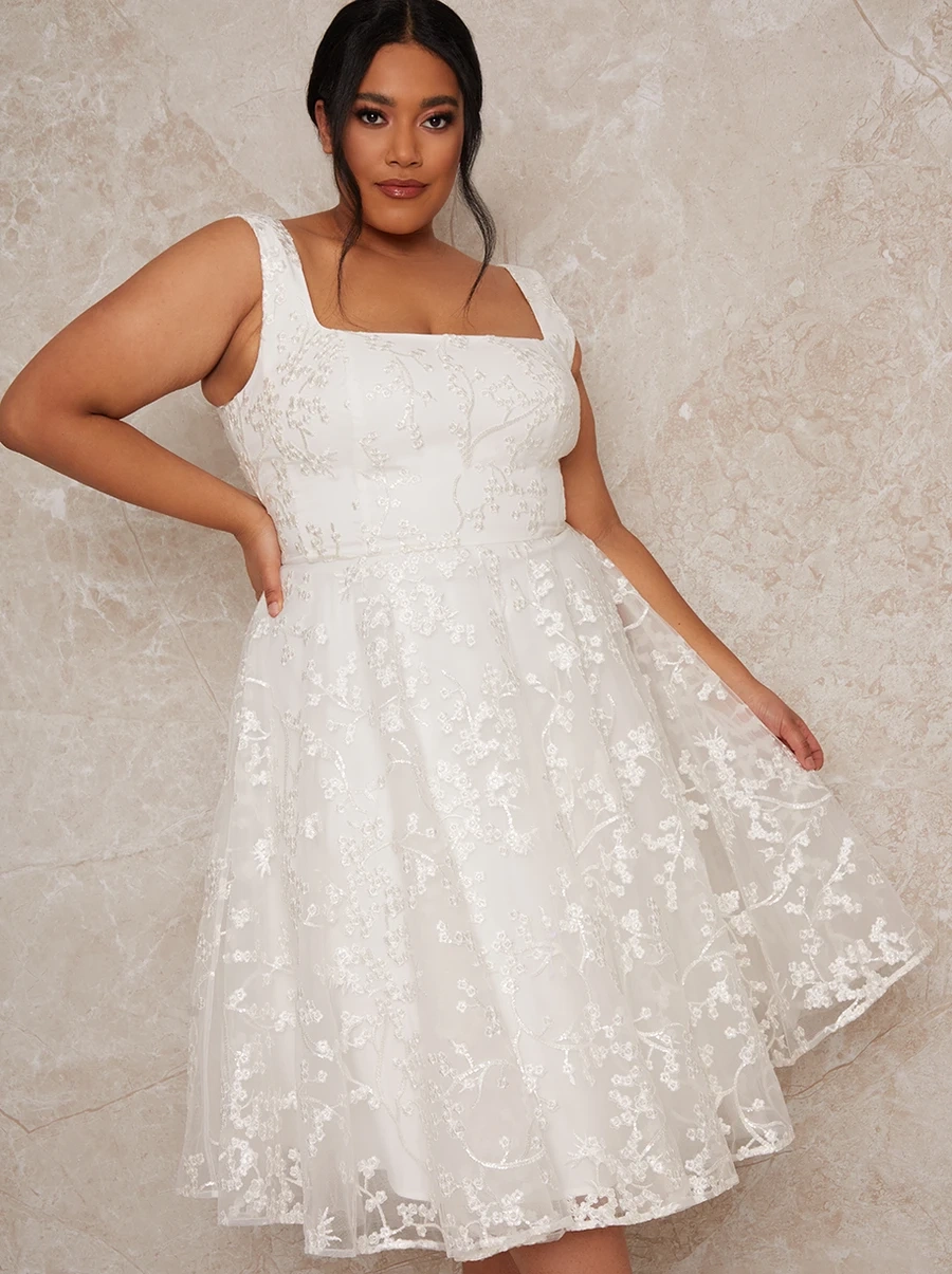 Plus Size Bridal Sleeveless Square Neck Lace Midi Dress in White, €252, Whistles