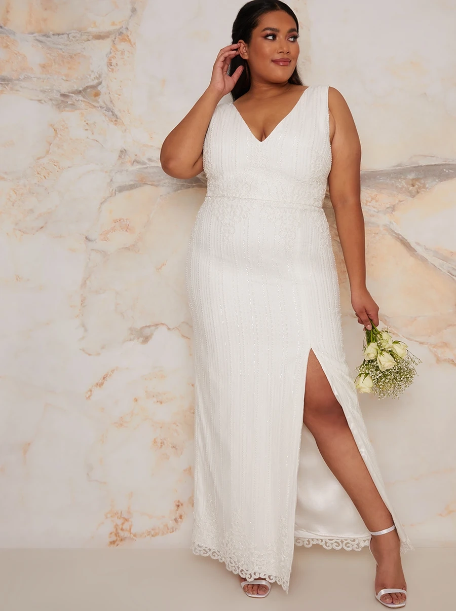 Plus Size Bridal Sleeveless Bodycon Dress with Sequins in White, €199, Chi Chi London