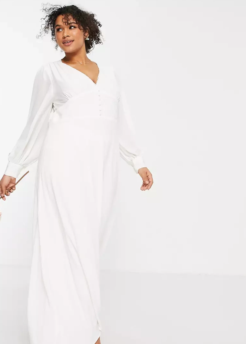 Vila Curve Bridal Maxi Dress With Covered Buttons In White, €89.99, ASOS