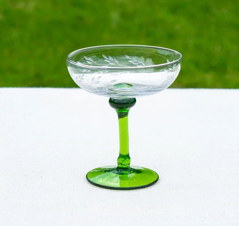 2 Leaf etched Champagne coupes, €28, A.D. Event Design