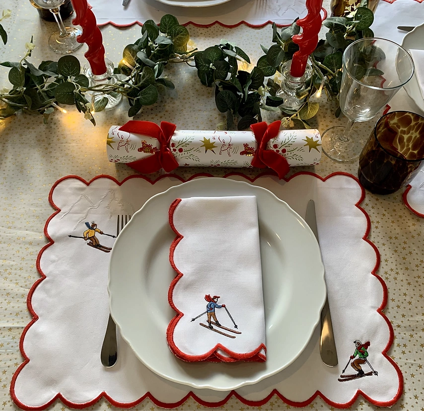 Skier placemats and napkins, €123, A.D. Event Design