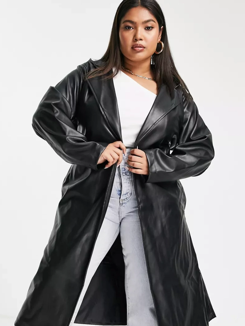 Threadbare Plus Acorn PU Belted Trench Coat With Hood, €69.99, Asos