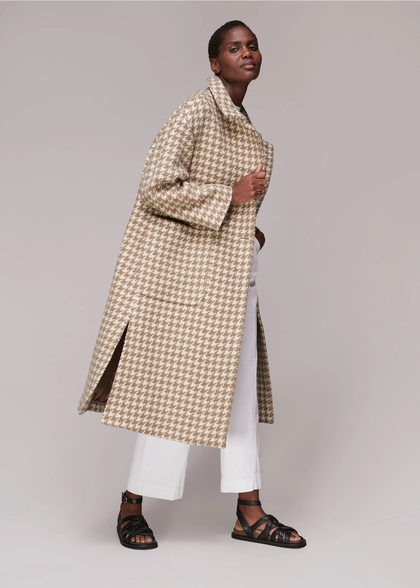 Dogstooth Funnel Neck Coat, €336.75, Whistles