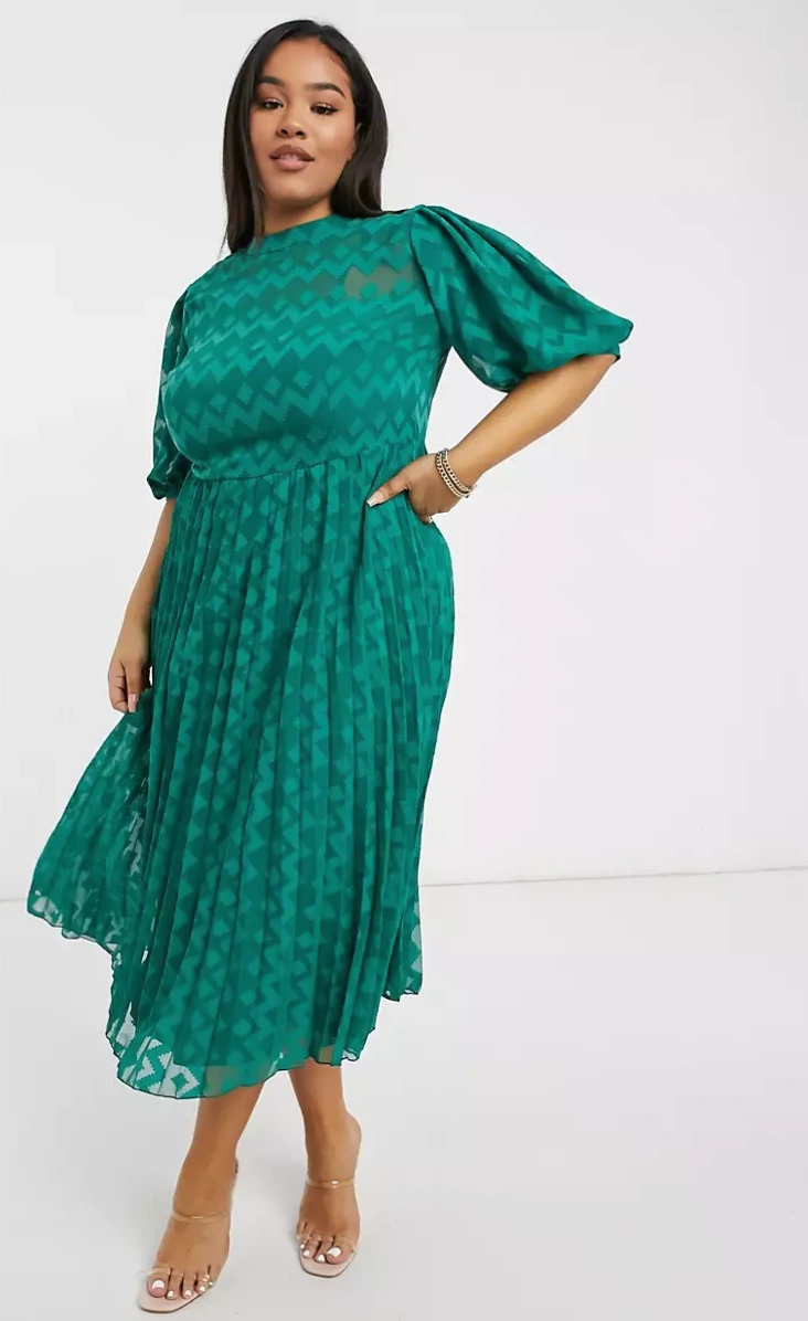 ASOS Design Curve High Neck Pleated Chevron Dobby Midi Dress, €66.99, ASOS