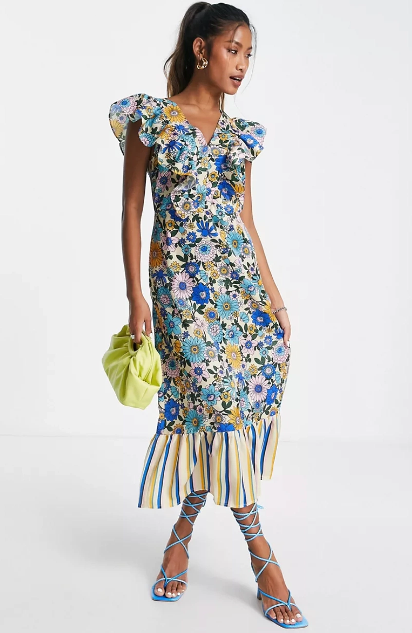 Topshop Mix And Match Stripe And Floral Midi Dress In Multi, €65.99, ASOS