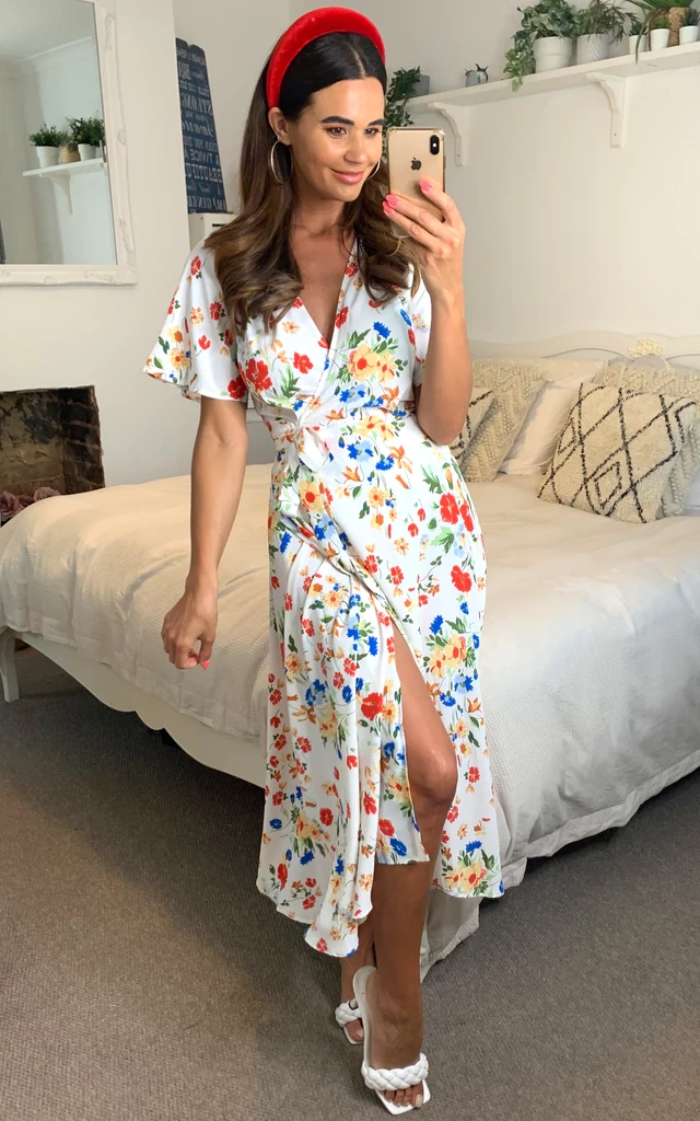 Floral Wrap Midi Dress in White, €65, Silk Fred