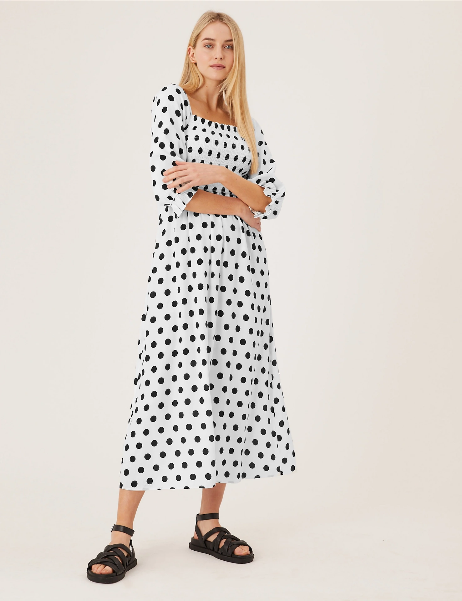 Polka Dot Square Neck Shirred Midaxi Dress, €60, M&S