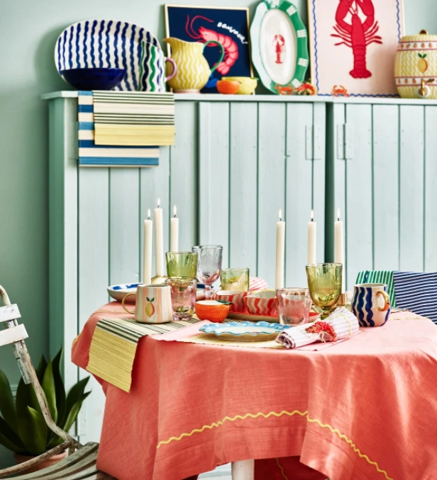 Squiggle Embroidered Pink Tablecloth, €54, Oliver Bonas