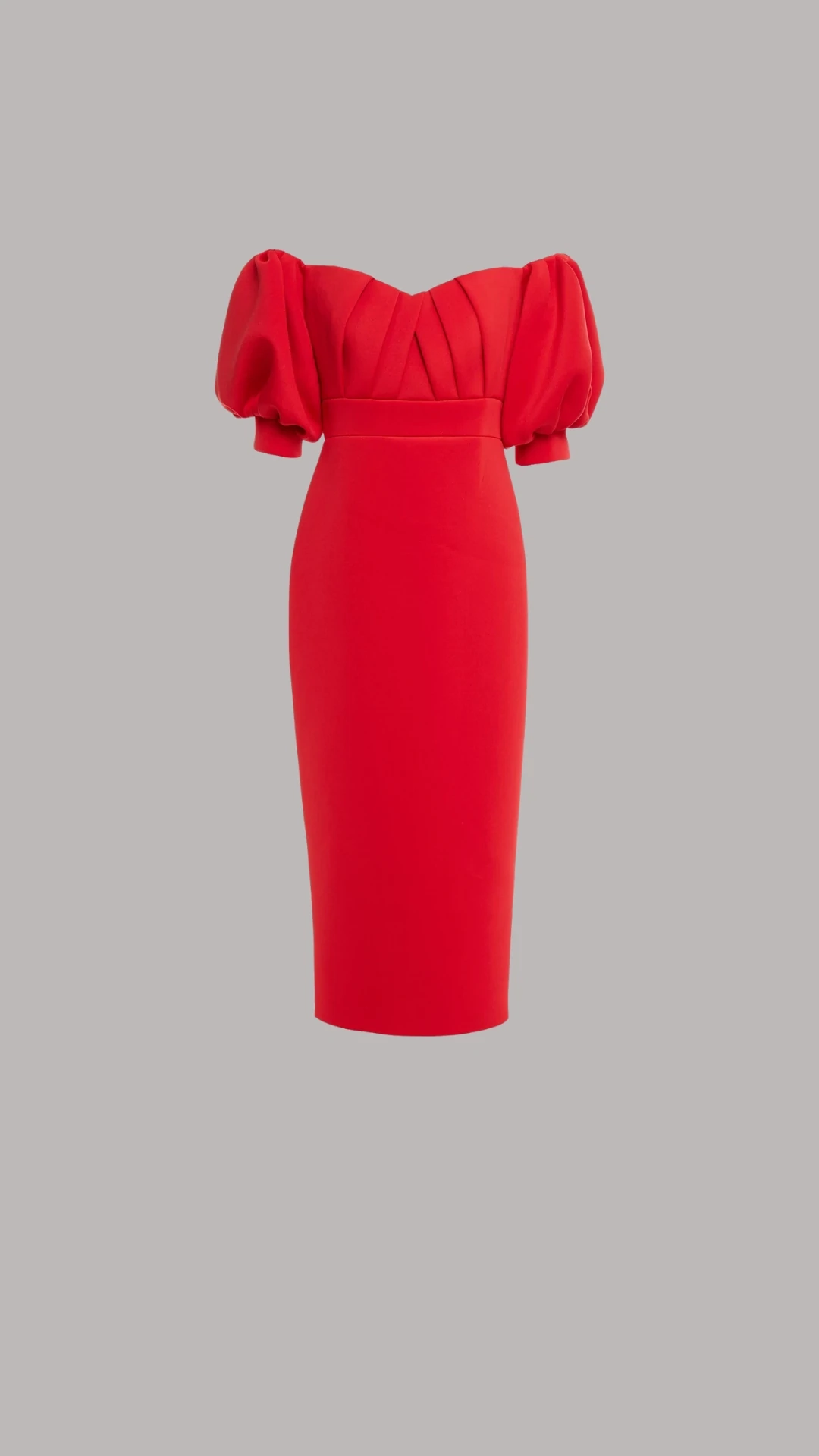 Badgley Mischka Off-The-Shoulder Pleated Scuba Midi Dress, rent from €80, Happy Days