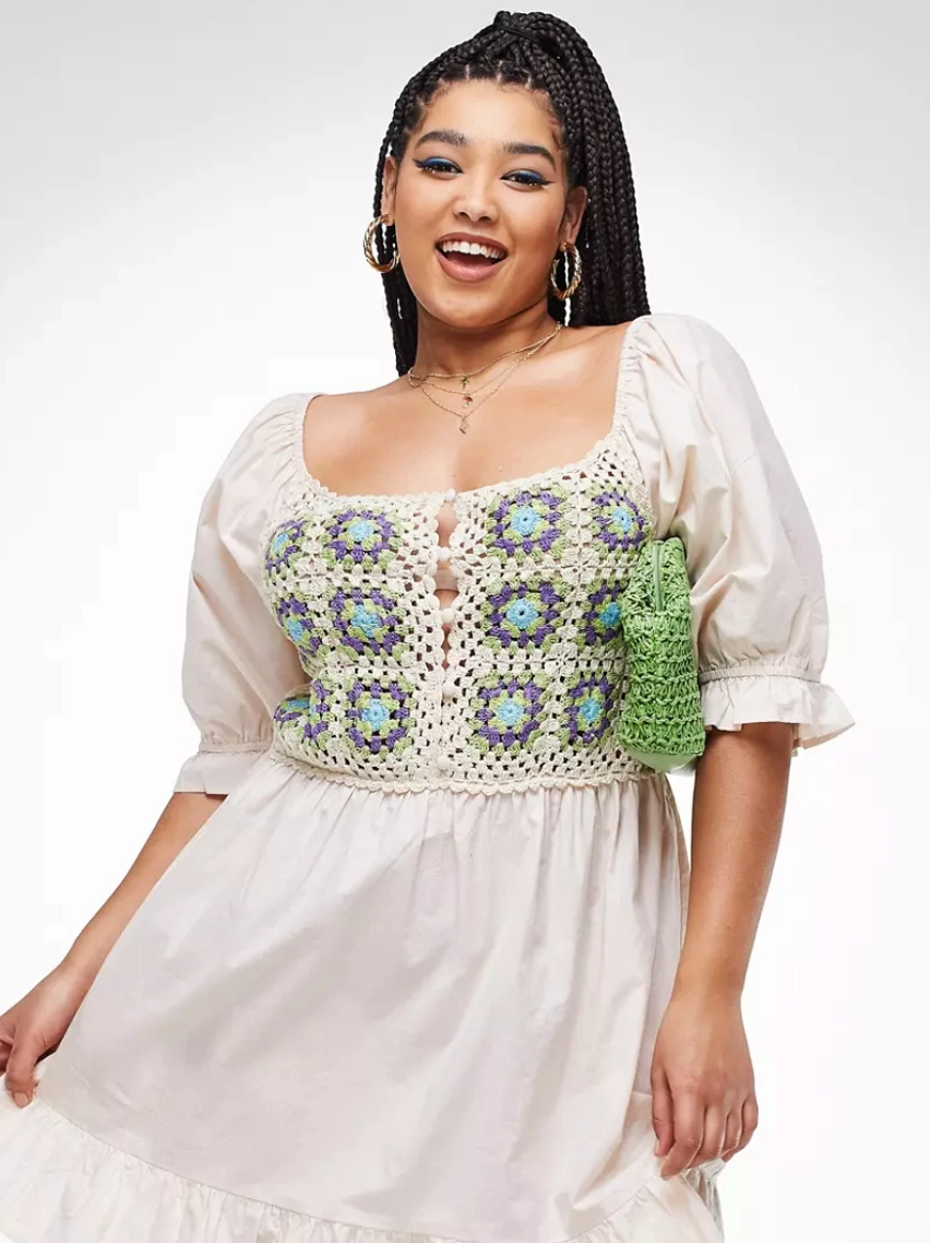 ASOS Design Curve Crochet Mini Smock Dress, €32, ASOS