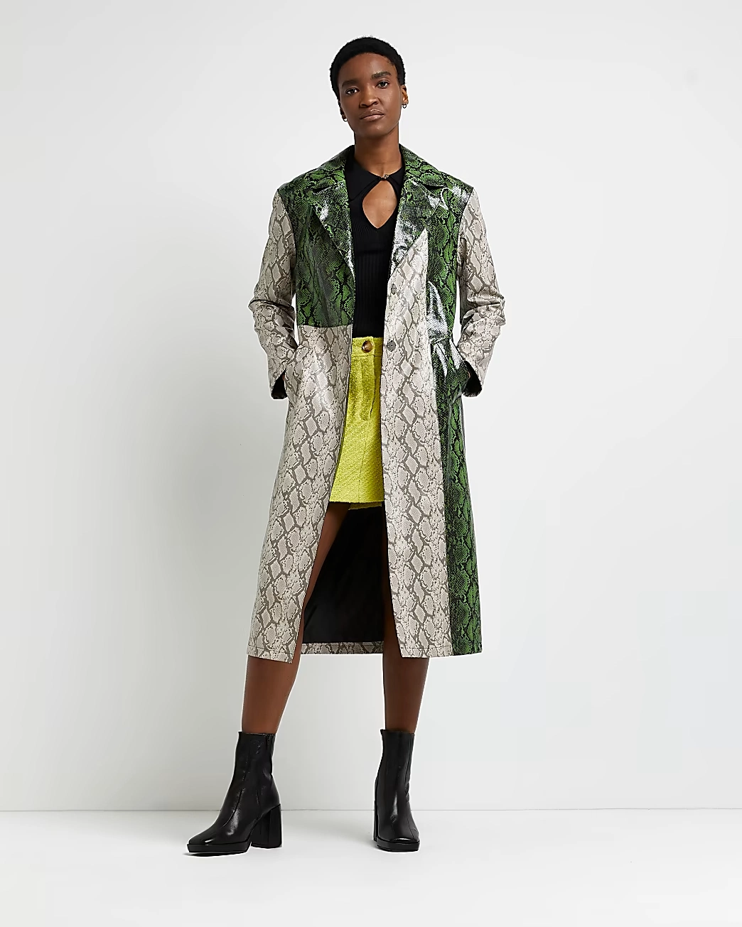 Green Snake Print Faux Leather Coat, €35, River Island