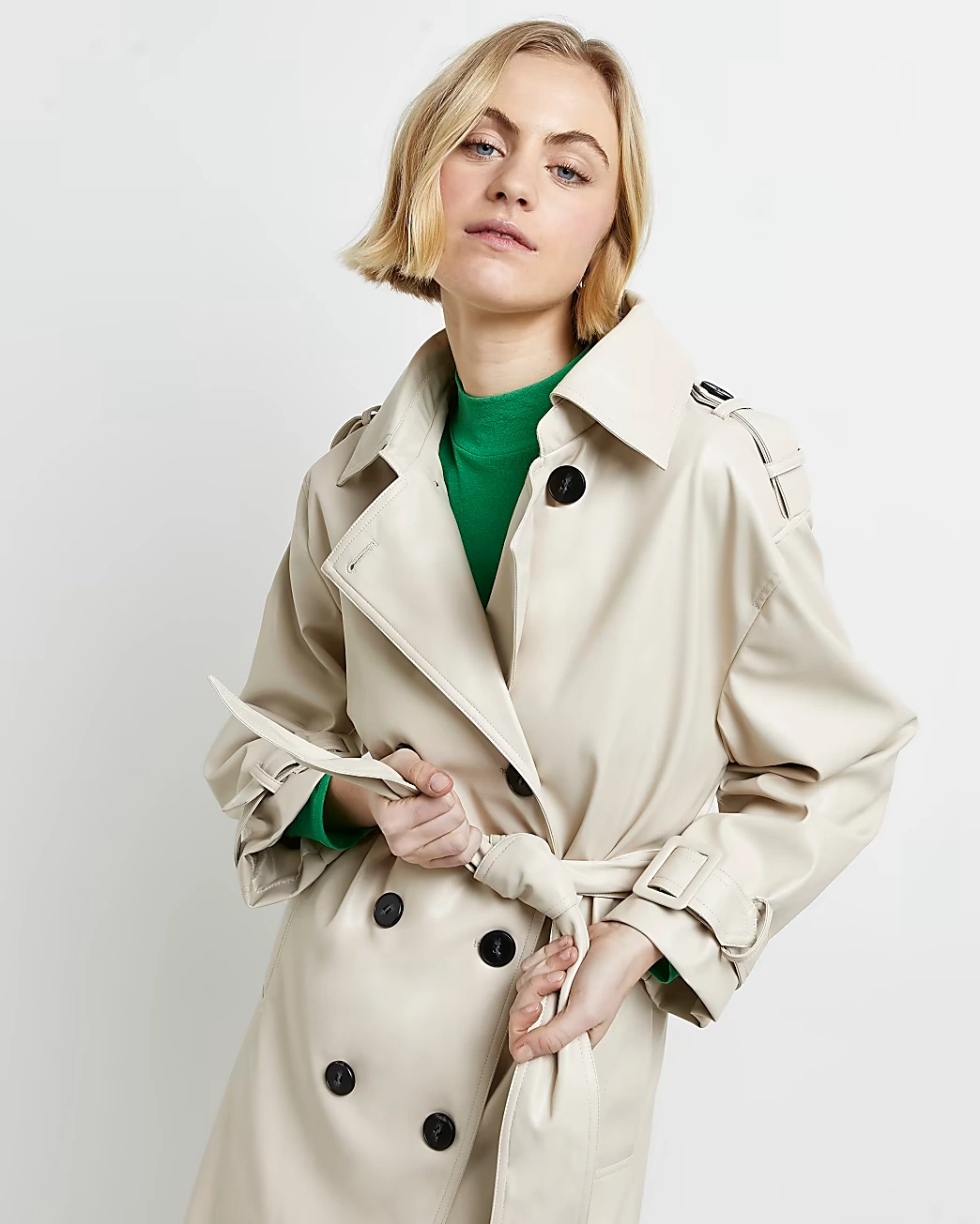 Cream Faux Leather Oversized Trench Coat, €32, River Island