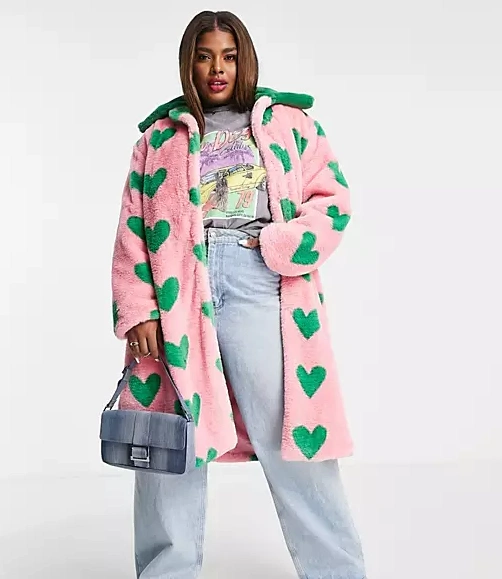 Daisy Street Longline Faux Fur Coat in Contrast Heart Print, €87.99, ASOS