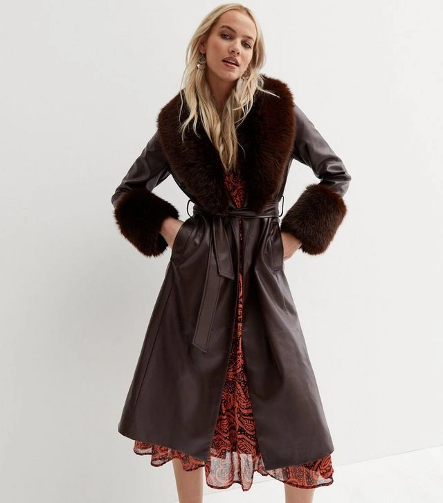 Dark Brown Leather-look Faux Fur Trim Belted Coat, €104.99, New Look