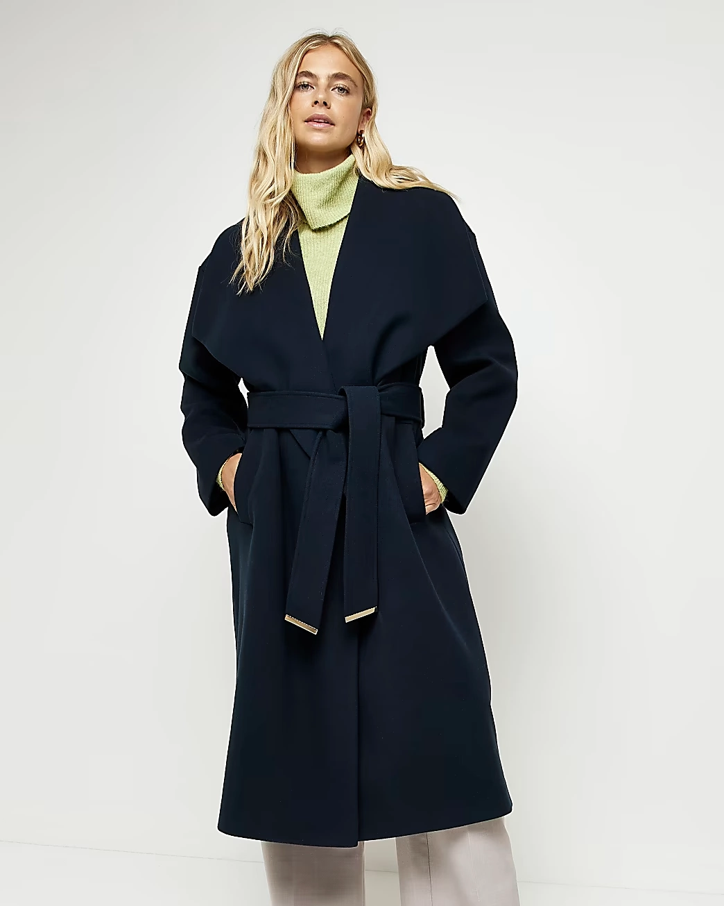 Navy Belted Wrap Longline Coat, €127, River Island