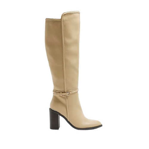 Beige Buckle Detail Heeled Knee High Boots, €95