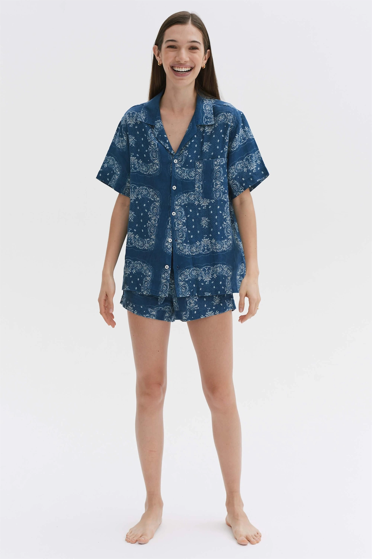 Cuban Pyjama Set in Bandana Print Navy/Cream, €240, Desmond & Dempsey