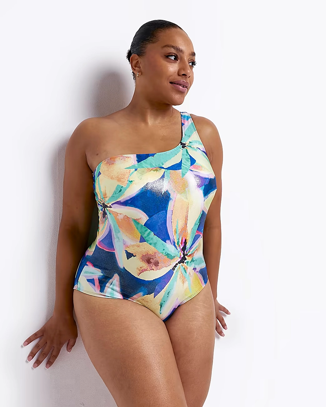 Purple Floral One Shoulder Swimsuit, €49, River Island
