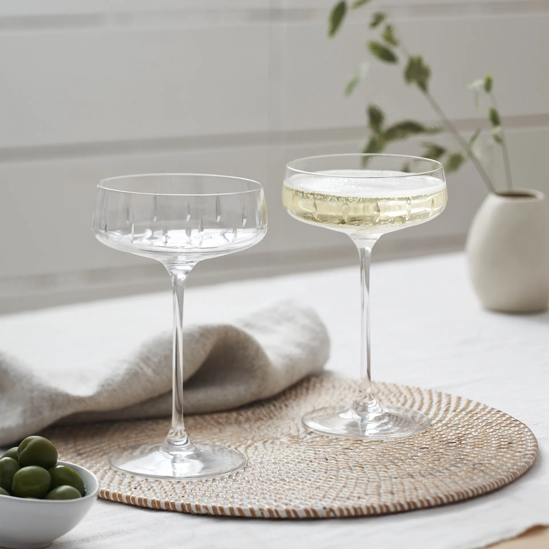 Monroe cut glass champagne coupes, €63, The White Company