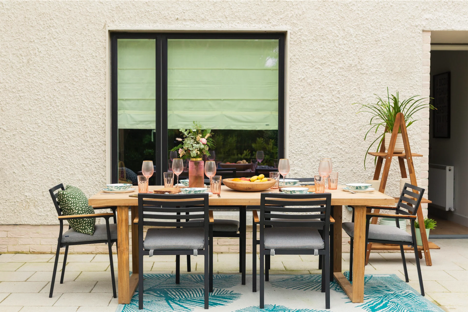Canadell table, €919; Bona chairs, €194; Victora outdoor shelving unit, €148; all at Kave Home