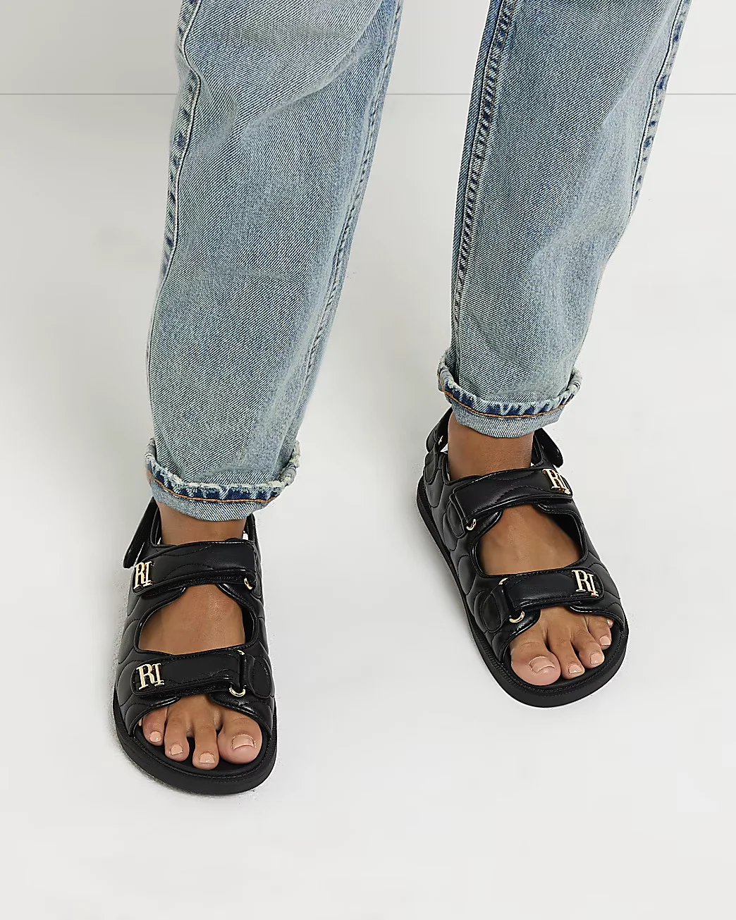 River Island, Black Wide Fit Quilted Dad Sandals, €53