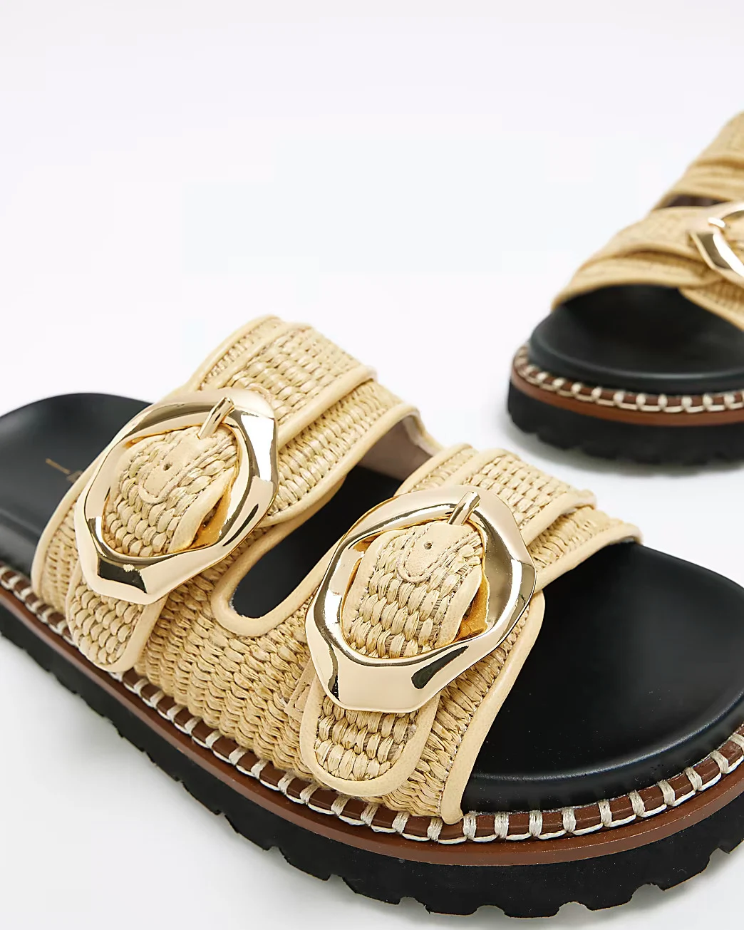 River Island, Cream Raffia Double Buckle Sliders, €60