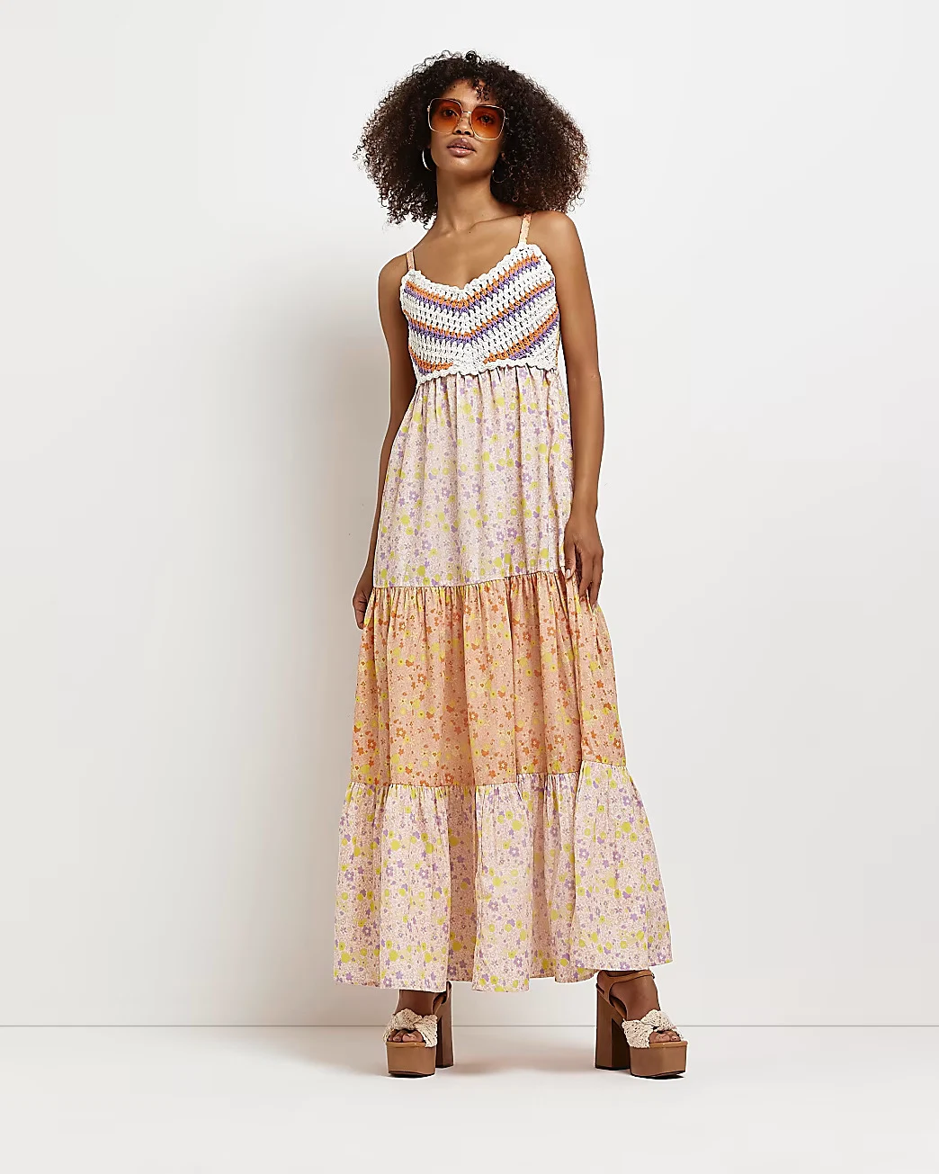 Orange Floral Crochet Maxi Dress, €64, River Island