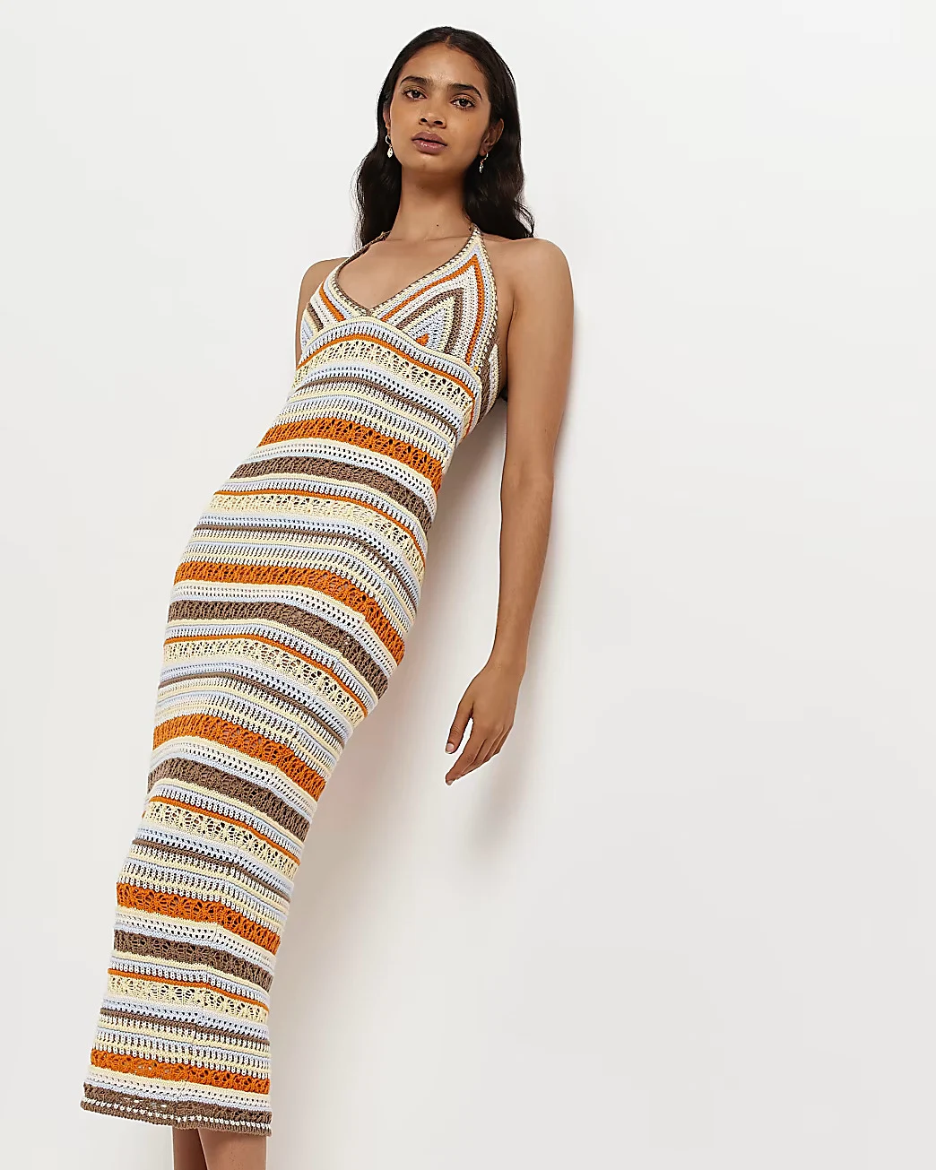 Orange Striped Crochet Midi Dress, €60, River Island