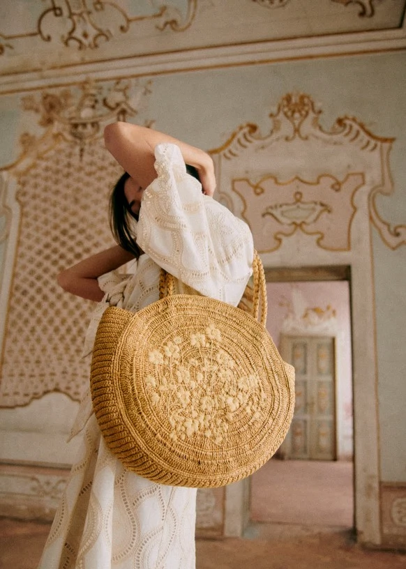 June Basket Natural/Embroidered Flowers, €160, Sézane