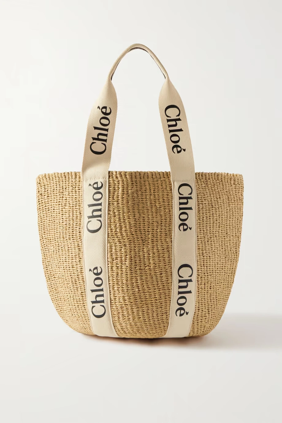 Chloé Woody Large Printed Leather-Trimmed Canvas and Raffia Tote, €575, Net-a-porter