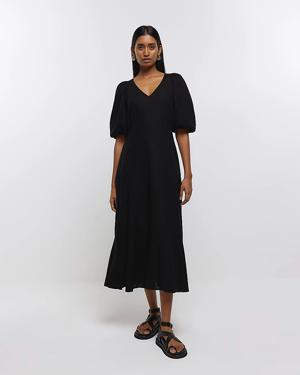 River Island, Black Puff Sleeve Smock Midi with Linen, €65